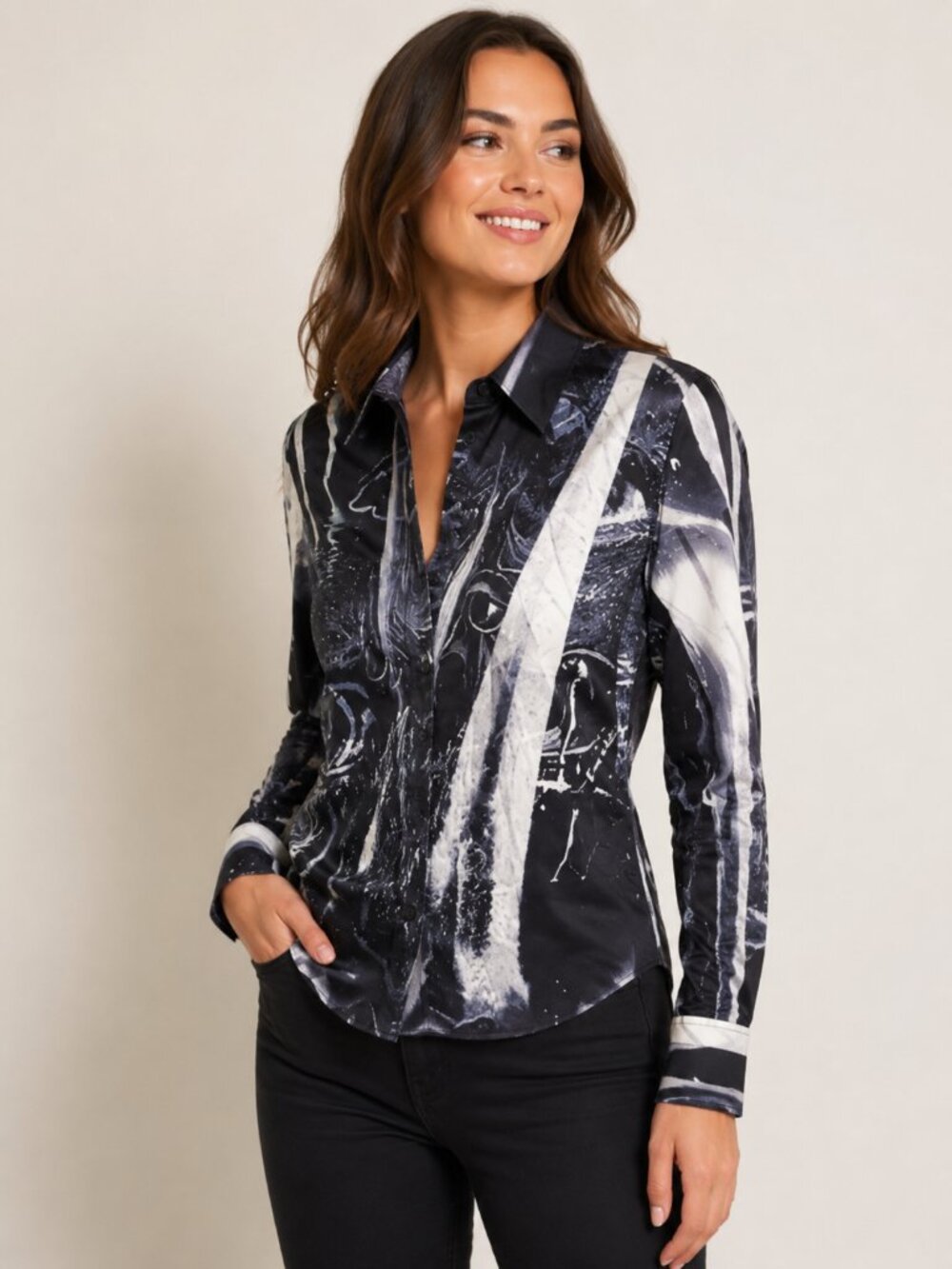 Ahiri Women's Abstract Button-Up Blouse Size 2 Black Gray Artistic Long Sleeve